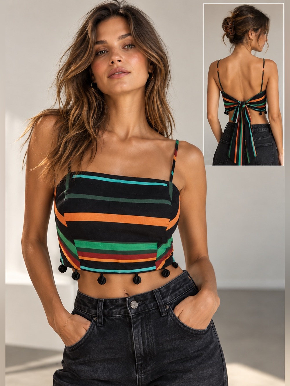 FARM Rio Wrap Crop Top S Multicolor Stripe Tie Back Tassel Y2K Festival